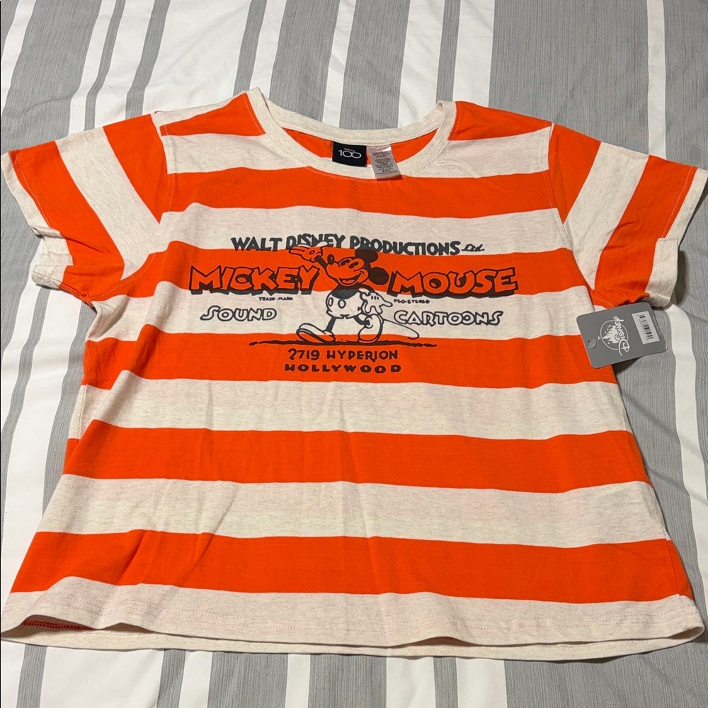 Disney 100 Mickey Mouse Orange and White Striped Tee